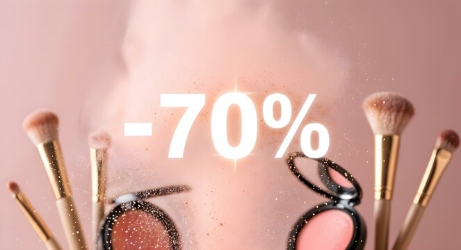 Makeup products and brushes on pink background with discount offer  