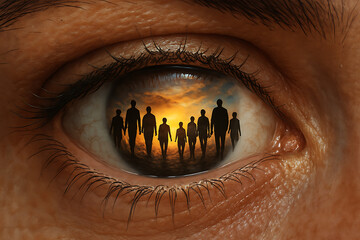 Eye reflection of people walking towards sunset concept of vision dream future perspective hope journey