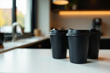 Three black coffee cups with lids on white wood, modern cafe setting , branding, simple