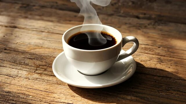 A steaming cup of coffee on a rustic wooden table, creating a cozy atmosphere