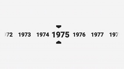 Horizontal timeline animation scrolling smoothly to the year 1975. Ideal for history documentaries, educational videos, or year-based content.