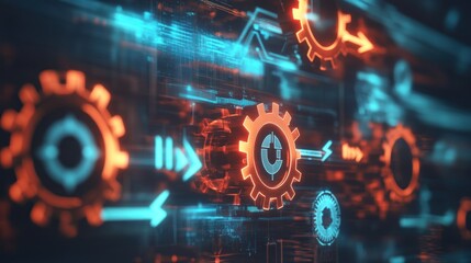 Obraz premium Concept of operational excellence with gears, cogwheels and up arrows in futuristic glowing style 