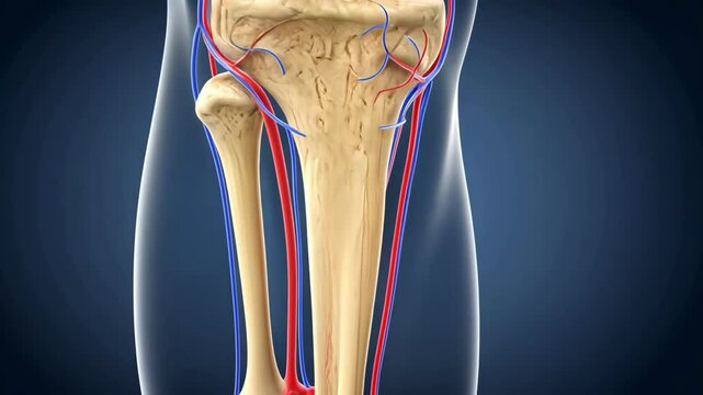 3D anatomical illustration of a human knee with vascular details.