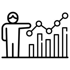 Made in uk a person points to a graph with bars showing upward trends vector icon outline style.
