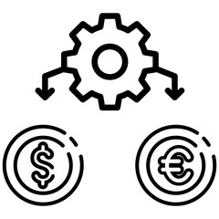 Made in uk gear connected to dollar and euro coins symbolizing global trade vector icon outline style.