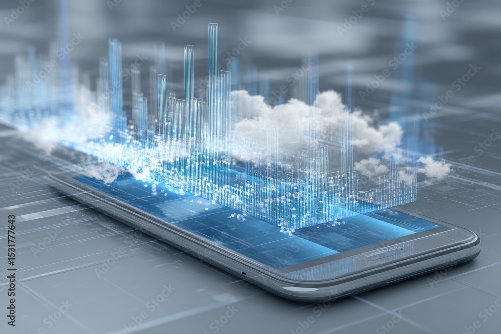 Poster a smartphone displaying a holographic city with clouds floating above the screen in a futuristic sty