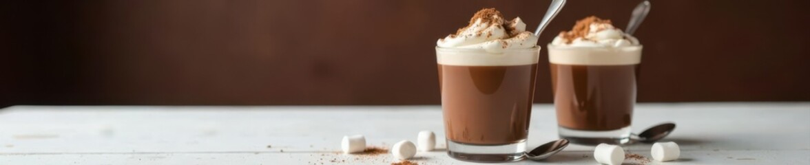 Two elegant hot chocolate glasses, marshmallows, silver spoons Dark brown wall, white wood table , texture, winter