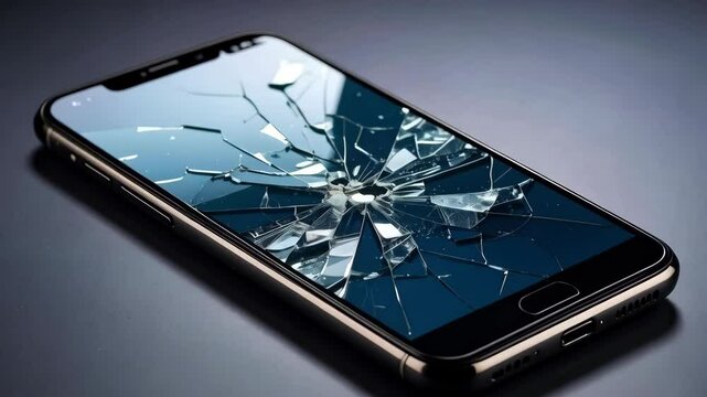 Shattered glass mobile phone screen with radiating cracks against a dark surface illustrating technological malfunction, fragile and broken.