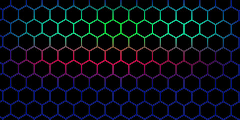 Dark gray and red horizontal hexagonal technology abstract vector background. red bright energy flashes under hexagon in futuristic modern technology wide banner. Dark gray honeycomb texture grid.