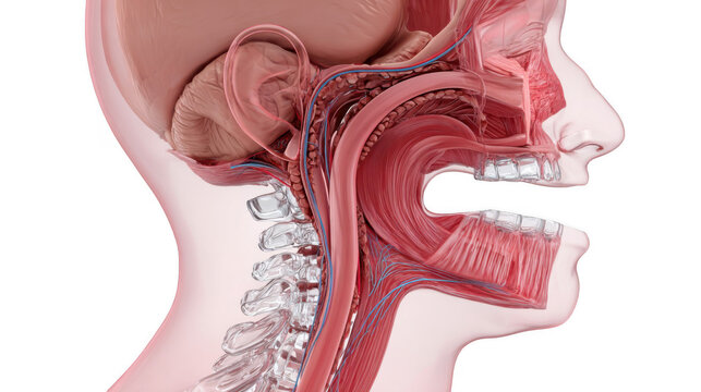 Medical illustration depicting the swallowing reflex, featuring detailed views of the pharynx, larynx, esophagus, trachea, and spinal column against a transparent background