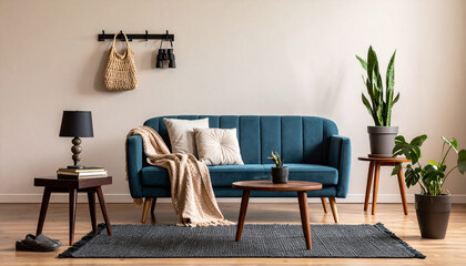 Serene Interior: A sophisticated living room in a home, featuring a comfortable blue couch, and meticulously arranged decor elements, creating a tranquil and inviting atmosphere.