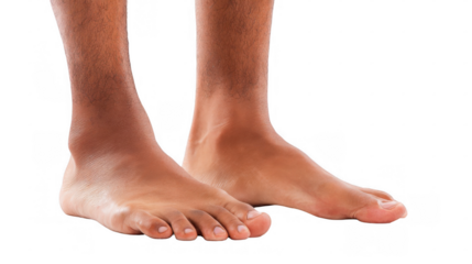 Pair of bare feet is shown standing on a transparent background, capturing the details of skin texture and the natural positioning of the toes and ankles