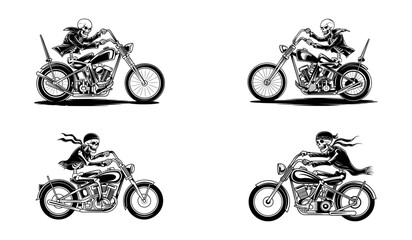 Obraz premium Set of Skeleton Bikers Riding Chopper Motorcycles in Vintage Style Vector Illustration
