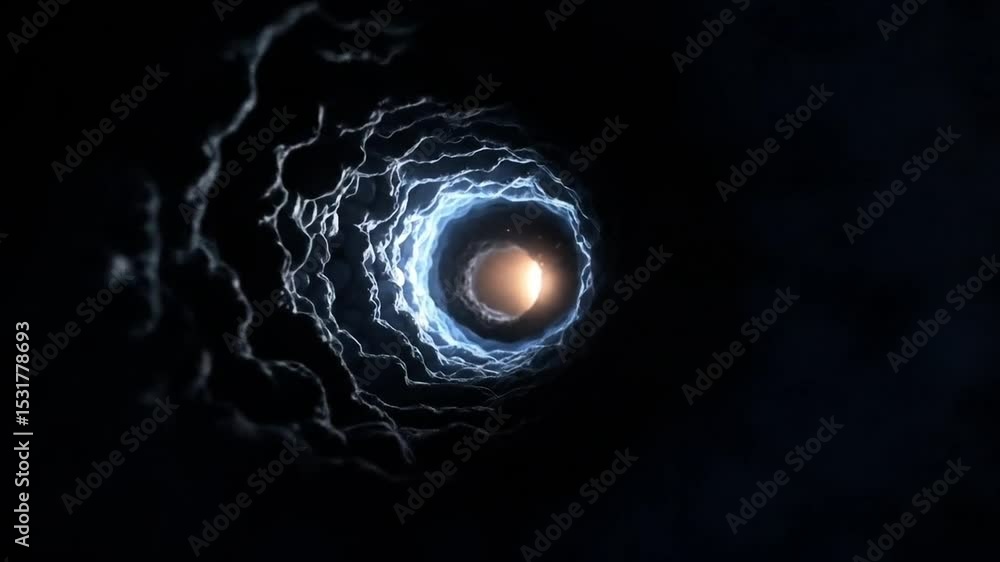 Poster animated tunnel abstract with light at the end, futuristic journey through space