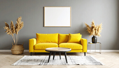 Cozy Living Room Interior with Decor: A modern living room featuring a vibrant yellow sofa, a blank picture frame, and stylish decor accents, creating a warm and inviting atmosphere.