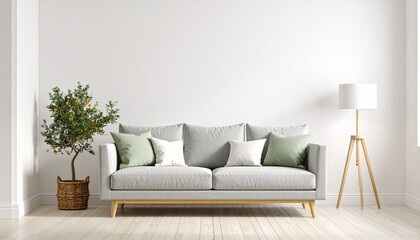 Cozy Interior: A contemporary living space designed for comfort. A modern, light-filled room features a stylish gray sofa adorned with accent pillows.