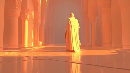 Solitary Figure in Orange Light in a Grand Architectural Space