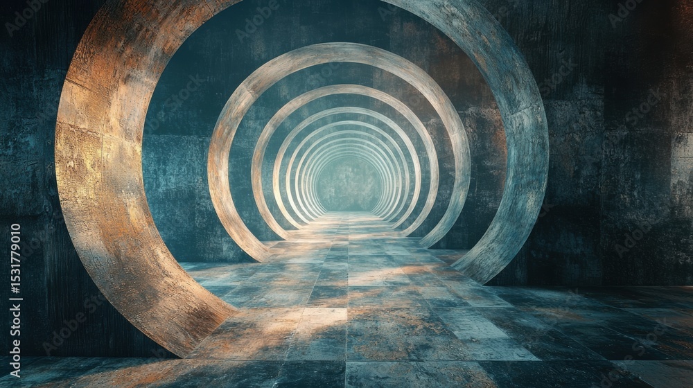 Poster Symmetrical Concrete Hallway with Circular Portals Creating Tunnel Effect and Strong Depth Of Field