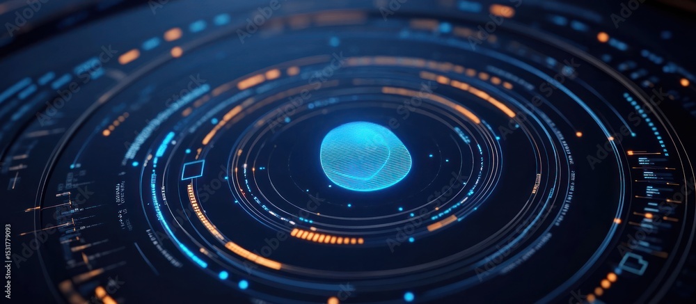 Poster glowing fingerprint at the center of concentric circles with digital elements on a dark background