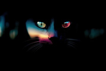 Close-up of a cat's face in the dark, vibrant colors in eyes