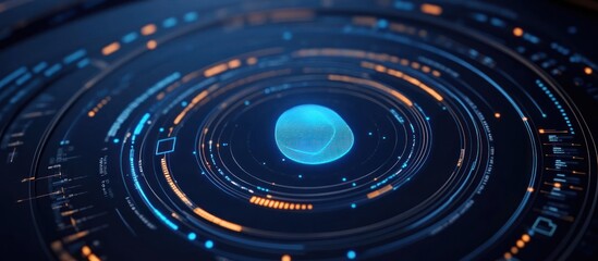 Glowing fingerprint at the center of concentric circles with digital elements on a dark background