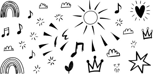 Black and White Hand Drawn Sun Rainbows Crowns Stars Music Notes