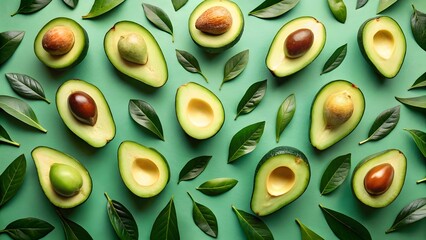 Avocados and Leaves on Sage Green Background