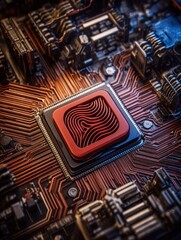 Close-up of a circuit board with a central processor