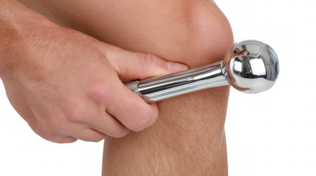 Medical professional using a reflex hammer to check a patient's knee jerk reaction, evaluating their neurological health against a transparent background