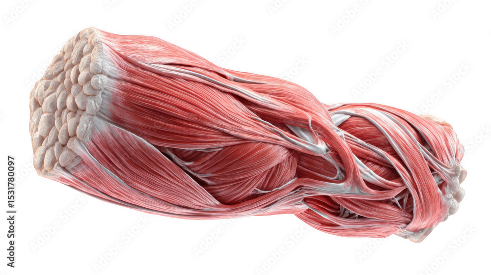 Poster realistic 3d rendering of contracting muscle fibers, highlighting the intricate anatomy of tendon an