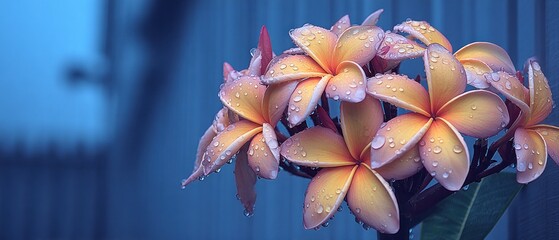 Close-up of a cluster of plumeria flowers with water droplets