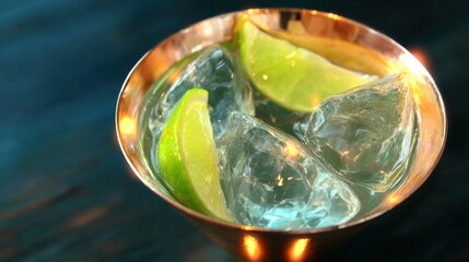 Close-up of a cocktail with lime slices and ice in a copper cup