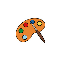 realistic paint palette with brushes on white 