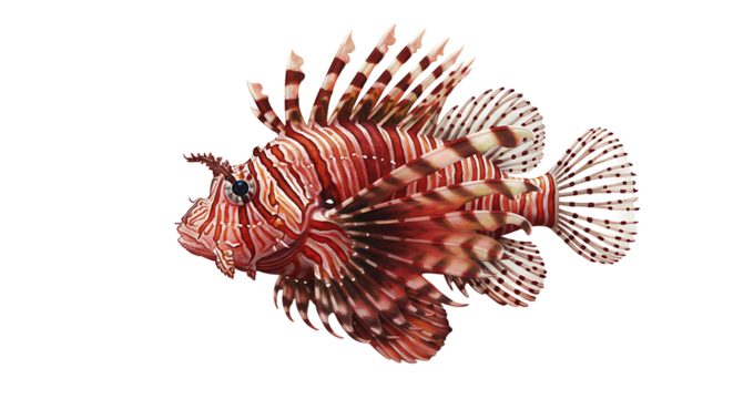 Striking Red and White Striped Lionfish with Elaborate Fins and Spines
