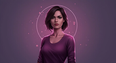 A confident empowered woman stands with a glowing aura in soft purple tones, symbolizing strength and balance for International Women&rsquo;s Day.