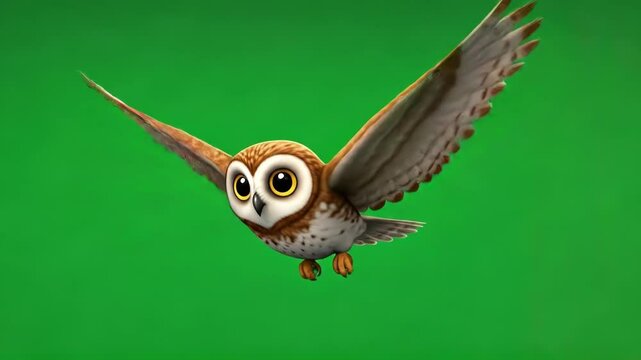 Cartoon Owl in Flight on Green Screen