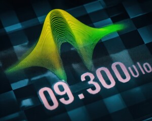 Close-up of a colorful, wave-like graphic on a dark, checkered background
