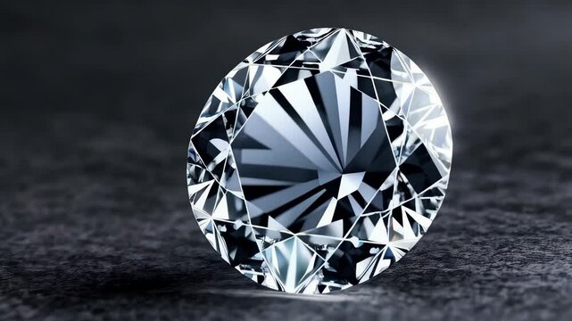 Close-up of a faceted cut diamond, shining brightly on a dark textured surface, reflecting light with precision