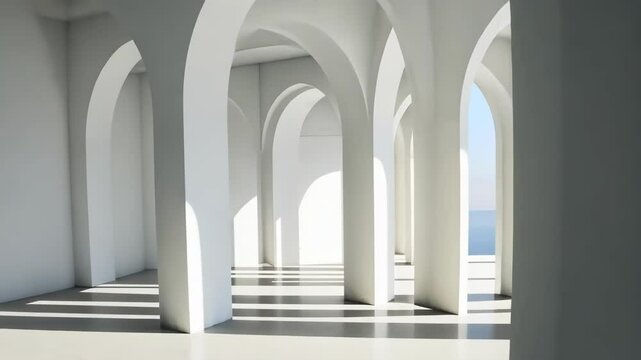 A minimalist interior showcasing elegant white arches and natural light.