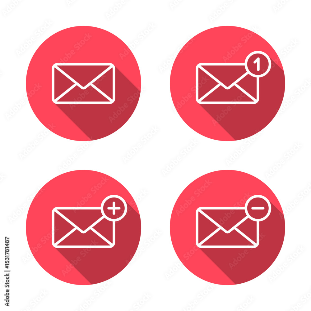 Poster message notification, add and remove envelope email outline icon with long shadow. mail sign symbol