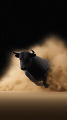 Charging black bull kicking up dust in dynamic motion with powerful energy