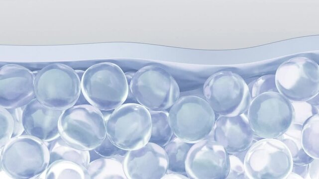 Essence penetrates deep skin cells, activates skin cell regeneration, supports sagging skin, eliminates facial wrinkles, brightens cells, concept skin care beauty. Cosmetic ads, 3D animation.