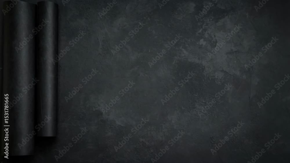 Poster dark textured backdrop with two rolled black papers against a mottled surface, providing ample negat