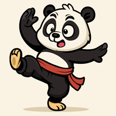 A cute, funky cartoon panda in a kung fu crane stance, wearing a red sash and black pants. Exaggerated proportions, focused yet goofy, with a clean background. © bima