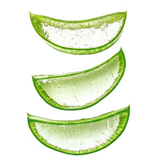 Aloe vera slices with fresh, translucent appearance, showcasing their natural gel like texture and vibrant green edges