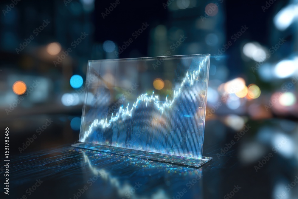 Poster a clear display panel showing a rising line graph on a dark surface with a blurred city background a