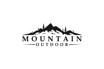 Outdoor Mountain Logo - circle emblem for mountain climbing, nature hiking basecamp, pine tree forest, nature adventure badge