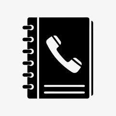 Black contact book icon with spiral binding and white phone symbol, address book vector illustration
