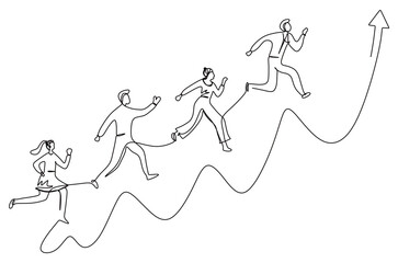 continuous single line art of a diverse group of people in business suits running towards the top of a chart. Business Success Concept