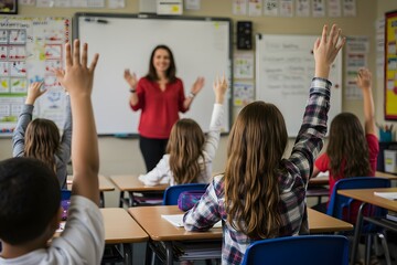 A classroom children raising their hands in response to a teacher in a red top. a girl with long hair in a plaid shirt, education and school concept little student girl studying at school, wallpaper